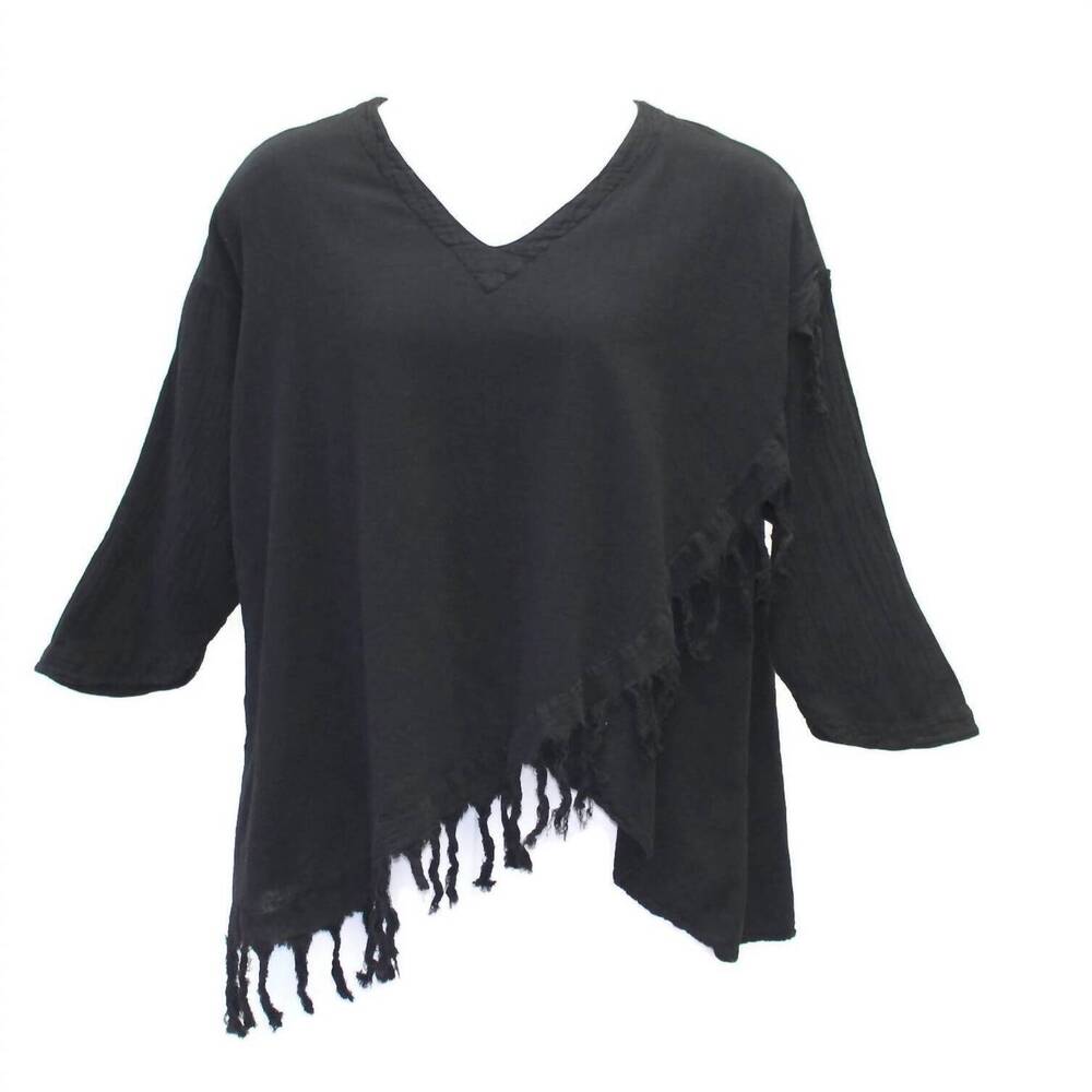 NEW MARIA DE GUADALAJARA women's fringe cotton gauze top in black